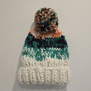 NWT Free People Womens OS Pom Pom Chunky Knit Beanie - Teal, Orange, Cream,Comfy